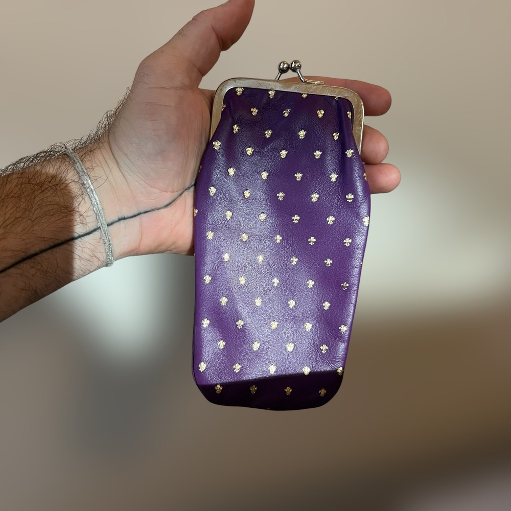 VTG Scuola Del Cuoio Glasses‎ Case Purple Gold Tone Fleur De Lis Kiss Lock Glam